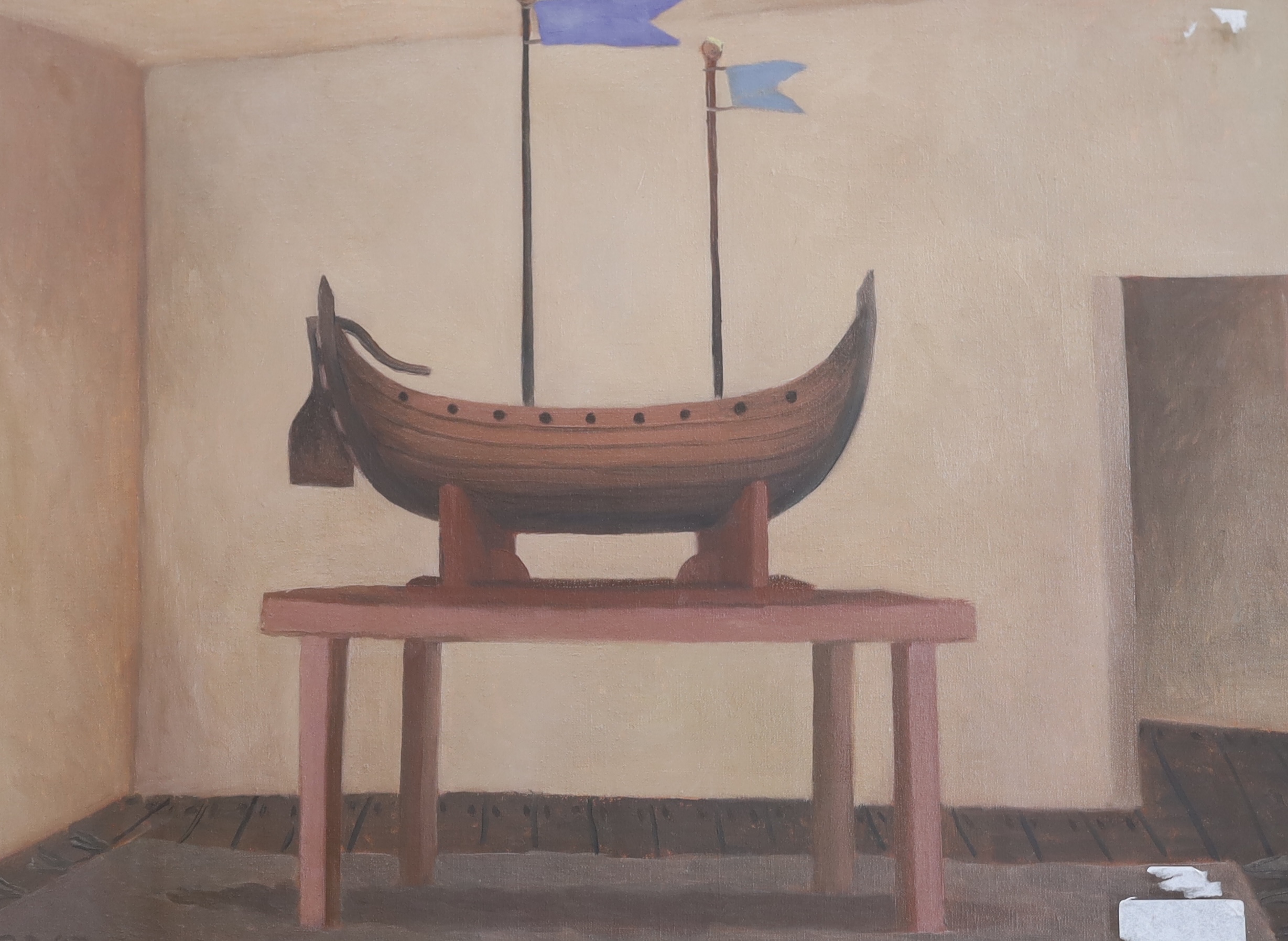 Philip Davies (1953-), oil on linen, 'The Discovery 1997', signed, Christopher Hull Gallery label verso, 42 x 58cm. Condition - fair